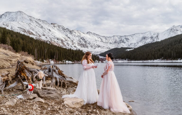 Couple sharing vows with their dogs at their Breckenridge elopement.