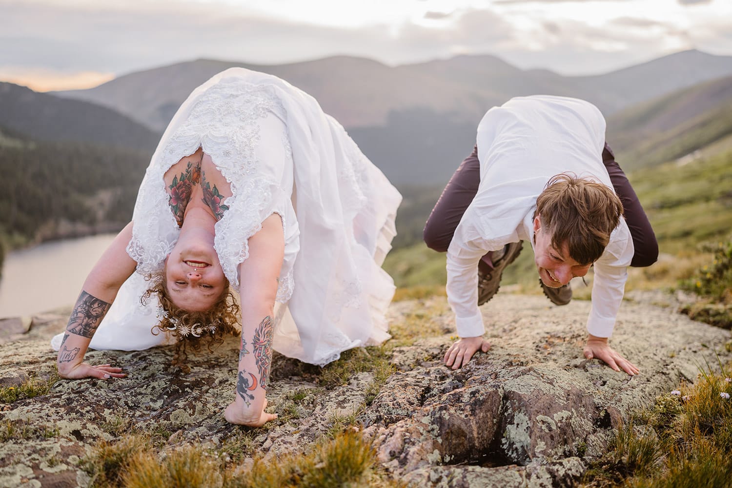 Couple doing yoga poses on their Colorado elopement.