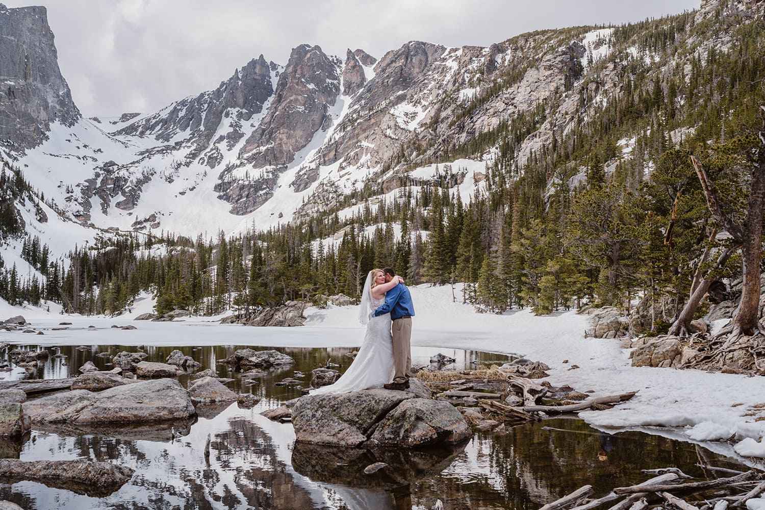 Couple sharing a moment near a lake for their Rocky Mountain National Park elopement.