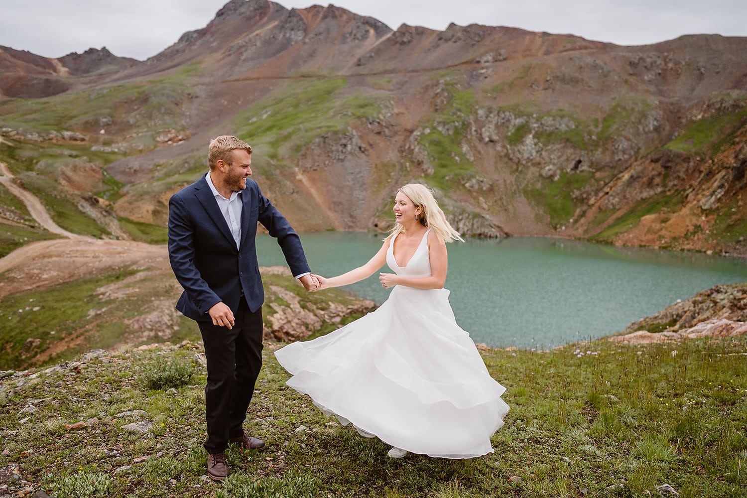 Bride and groom dancing after their off roading elopement.