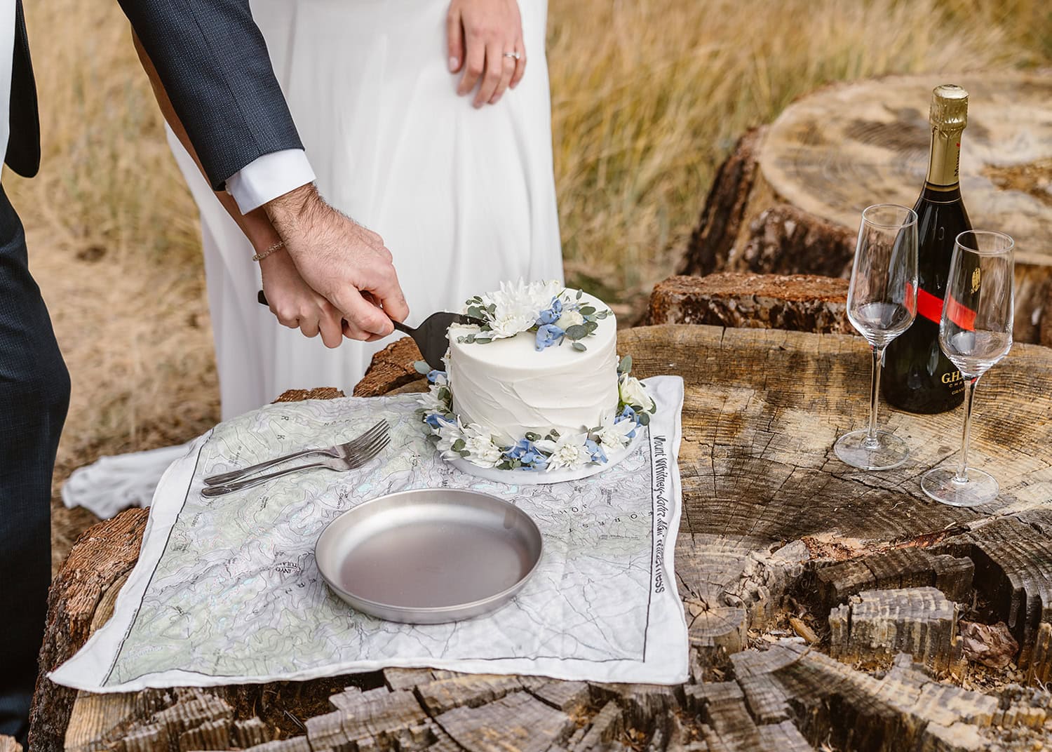 Bride and groom cutting cake at their Yosemite elopement.