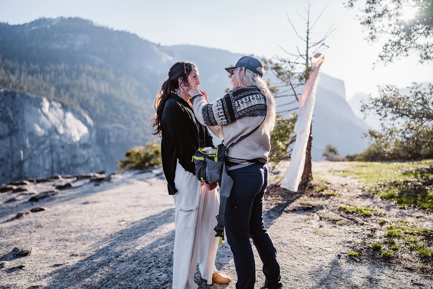 Bride getting her hair and makeup done at her Yosemite elopement.